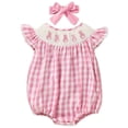thumbnail image 5 of ZEHJUHAN Baby Girl's Cute 2-Piece Set, Pink Checkered Bunny Embroidered Cap Sleeve Romper with Hairband Pink，3-6M, 5 of 11