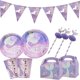 thumbnail image 2 of 1 Juego de vajilla desechable con temática de cola de sirena, platos de papel, tazas, pancartas, estawas para decoración de fiesta de cumpleaños de sirena para niña, 2 of 4