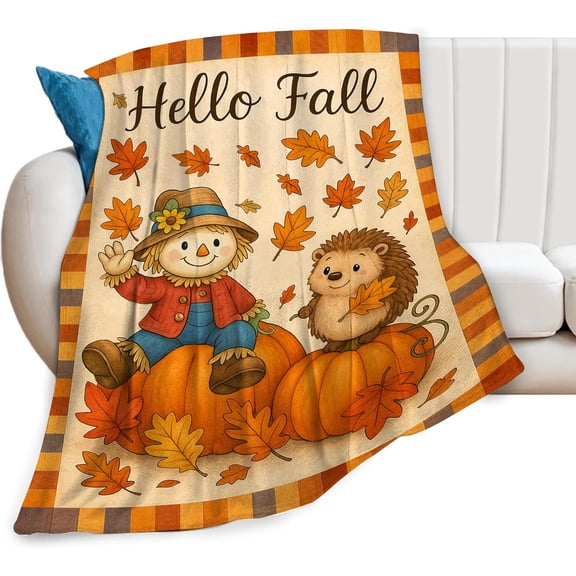 Fall Blanket Cute Autumn Pumpkin Scarecrow Hedgehog Maple Leaf Throw Blanket Soft Cozy Fleece Fuzzy Plush Flannel Warm Stuff Hello Fall Blanket Gifts for Women Girls Kids Thanksgiving 40"x50"