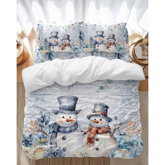 Blue Christmas Bedding Duvet Cover Set Full Size 4 Pieces Snowman Gift Flower Holly Eucalyptus Wood Grain Bedding Set with Zipper Closure,1 Comforter Cover 86x86 Inches 1 Flat Sheet & 2 Pillow Cases