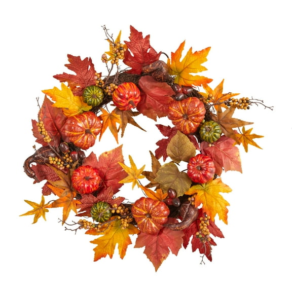Nearly Natural 24in. Autumn Pumpkin and Berries Artificial Fall Wreath