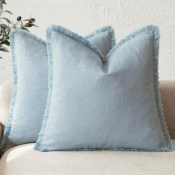 Set of 2 Decorative Linen Fringe Throw Pillow Covers Boho Farmhouse Cushion Cover with Tassels Soft Accent Pillowcase for Couch Chair Sofa Bed Living Room Home Decor,18×18 Inch,Sky Blue