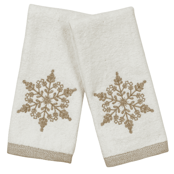 Serafina Home Holiday Bathroom Fingertip Towels – Set of 2 White 100% Cotton Embroidered Gold Snowflake Design – 18x12” Decorative Bath & Kitchen Towels