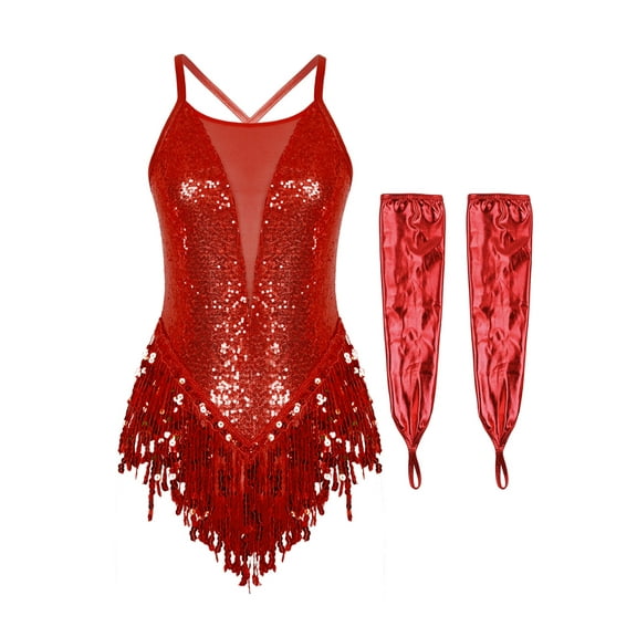 Xnihocha Ladies Women Latin Salsa Dance Leotard with Gloves Rhythm Ballroom Dance Dress Cha-cha Dancewear Red L