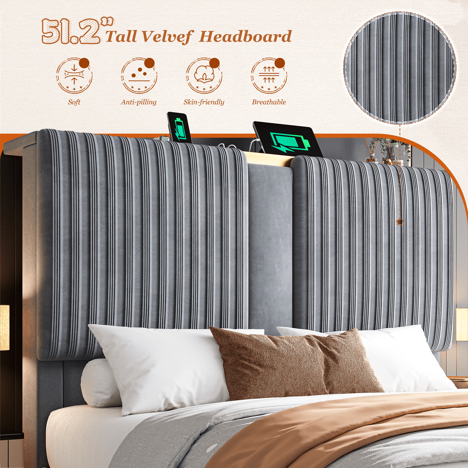 EnHomee Bed Frame Queen Size Bed Frame with 2 Storage Drawers Bed Frame with 51.2"Tall Headboard Upholstered  Bed Frame with Charge Station,Gray,No Box Spring Needed, Noise Free