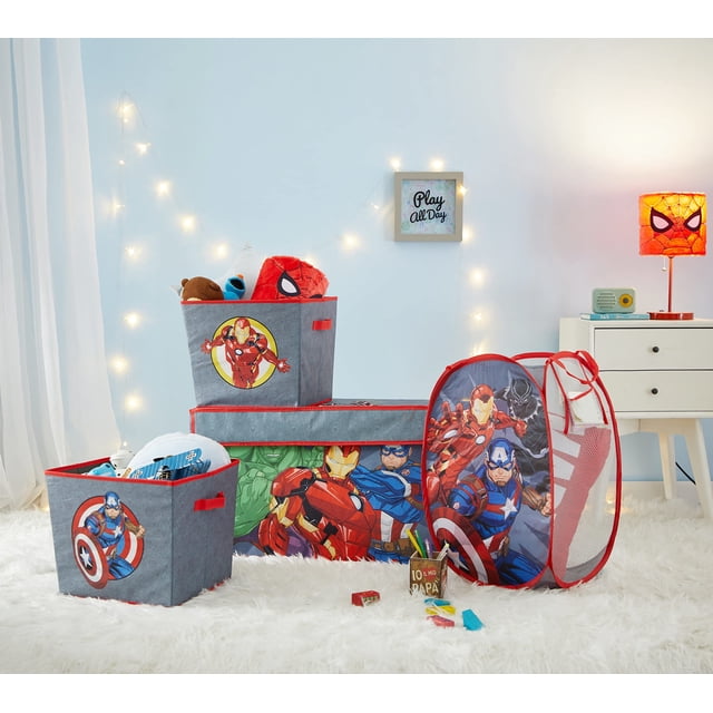 Marvel The Avengers Juego de solución de almacenamiento de 4 piezas con cesto emergente, baúl de almacenamiento plegable y 2 contenedores de almacenamiento encajables