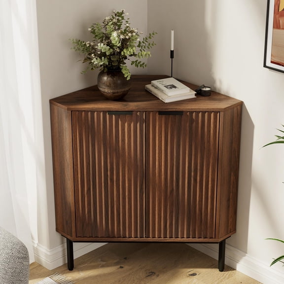 Joyyskill Modern Corner Cabinet, Fluted Small Floor Storage Cabinet with Adjustable Shelf, Freestanding Narrow Organizer for Living Room, Natural Oak