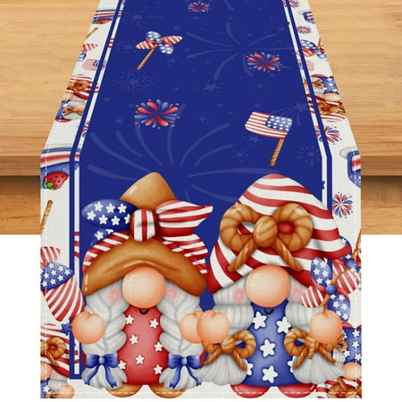 

Linen Red White and Blue Patriotic Gnome Table Runner 72 Inches Long 4th of July Memorial Day Veterans Day Patriotic Decorations and Supplies for Home Kitchen Dining Room Table C43