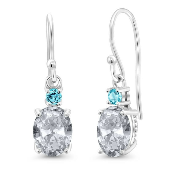 Gem Stone King 10K White Gold White Topaz and Swiss Blue Topaz Dangle Earrings for Women (2.76 Cttw, Gemstone Birthstone, Oval 8x6mm)
