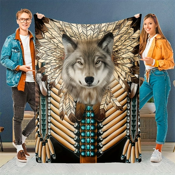 1pc Comfortable Indian Wolf Totem Decorative Theme Pattern Print Flannel Blanket, Fashionable, Soft and Warm, Suitable for All Seasons as a Multifunctional Gift