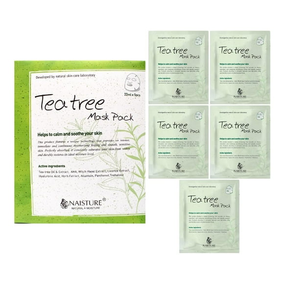 Naisture Premium Facial Mask-Tea Tree 5 Pack: Soothing Hydrating And Calming Skincare Sheet Mask For All Skin Types. Ideal For Home Spa Self-Care And Ideal Gift For Both Women And Men.