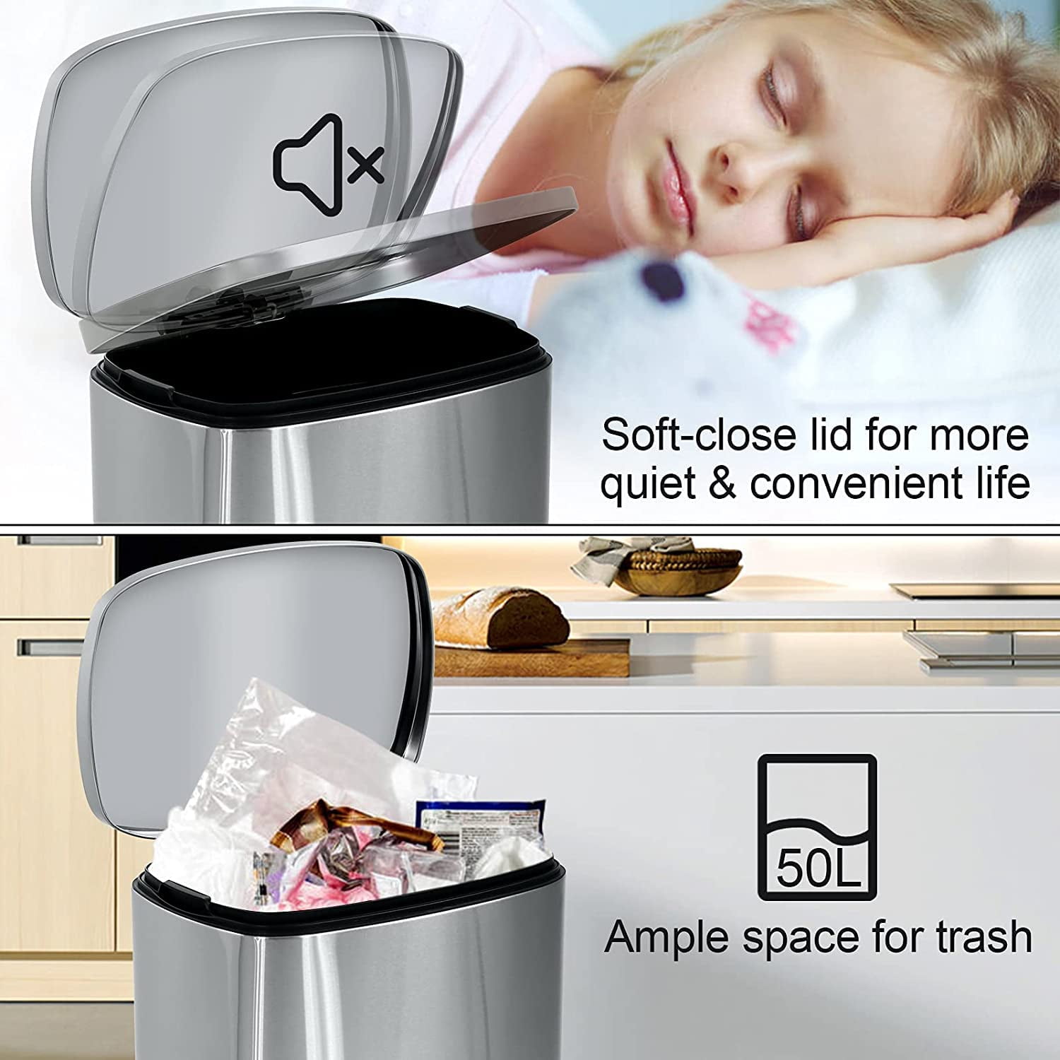 NiamVelo 13 Gallon Kitchen Trash Can with Lid, Metal Step on Trash Can Stainless Steel Trash Can Touchless Garbage Bin for Office Bedroom Bathroom , Silver