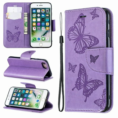 iPhone 8 Wallet Case, iPhone 7 Case, Dteck Embossed Butterfly Flip PU Leather Stand Card Slots Case Cover with Hand Strap For iPhone 8/ iPhone 7, Purple