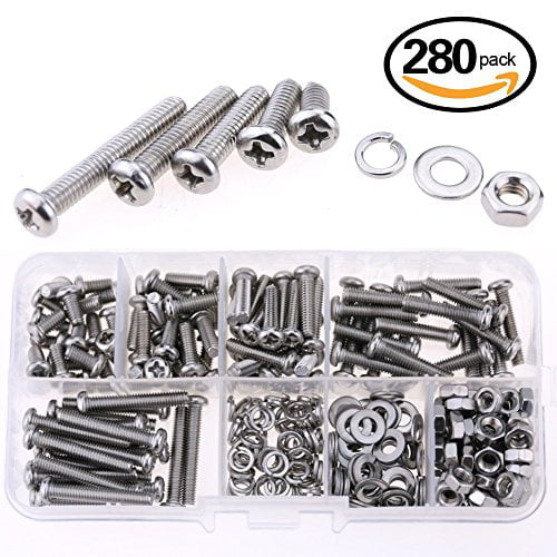 Glarks 280-Pieces M4 Pan Head Phillips Stainless Steel Screws Bolts Nuts Lock and Flat Gasket Washers Assortment Kit