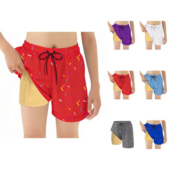 Boys Swim Trunks with Compression Liner Ice Cream Shorts Drawstring Quick Dry Swim Shorts for Boys Summer Beachwear