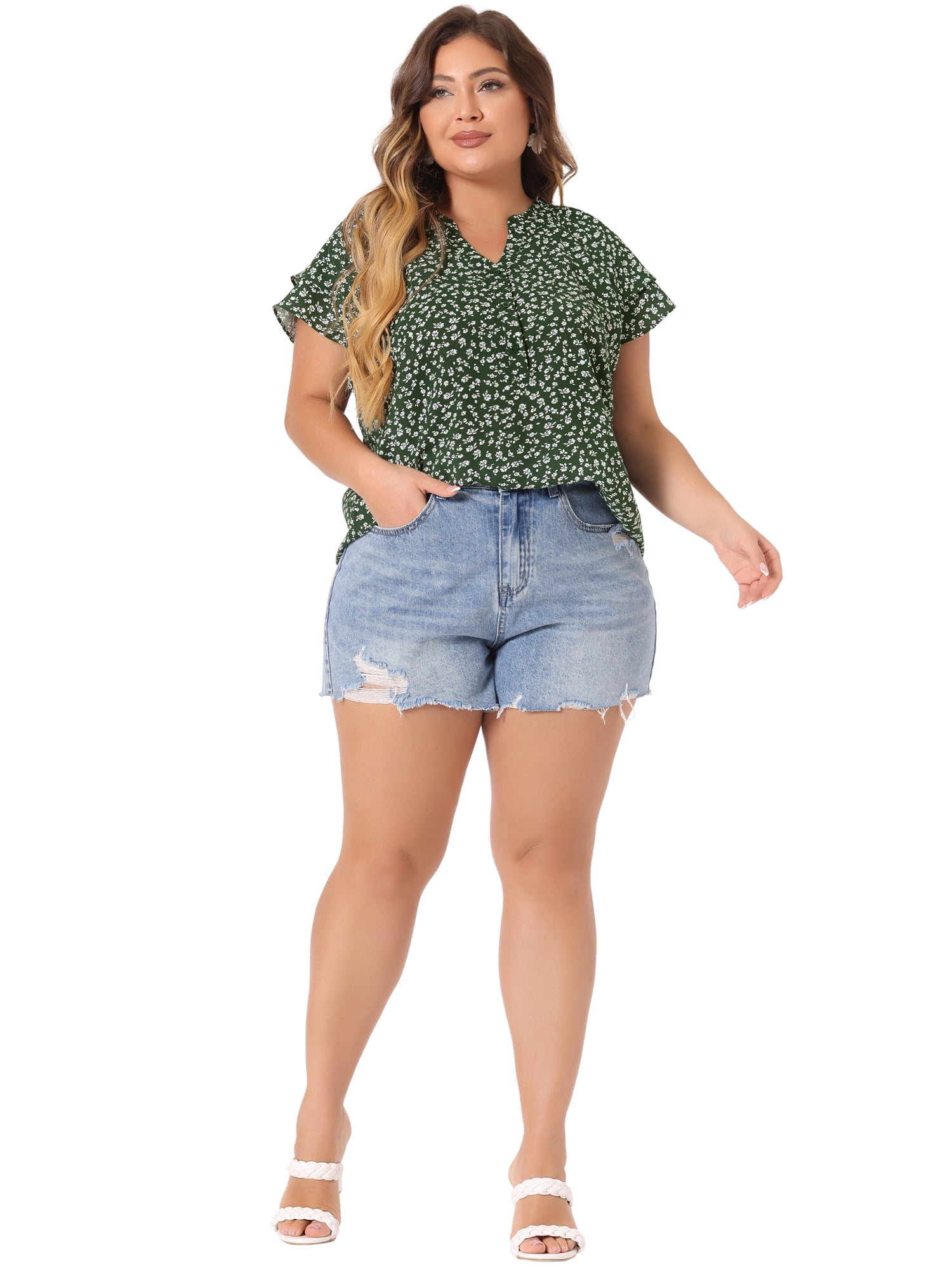Unique Bargains Women's Plus Size Layered Sleeve V Neck Floral Tops Tunics 4X Dark Green