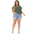 thumbnail image 3 of DARING DIVA Women's Plus Floral Print Ruffle Trim V Neck Blouse 2X Dark Green, 3 of 6