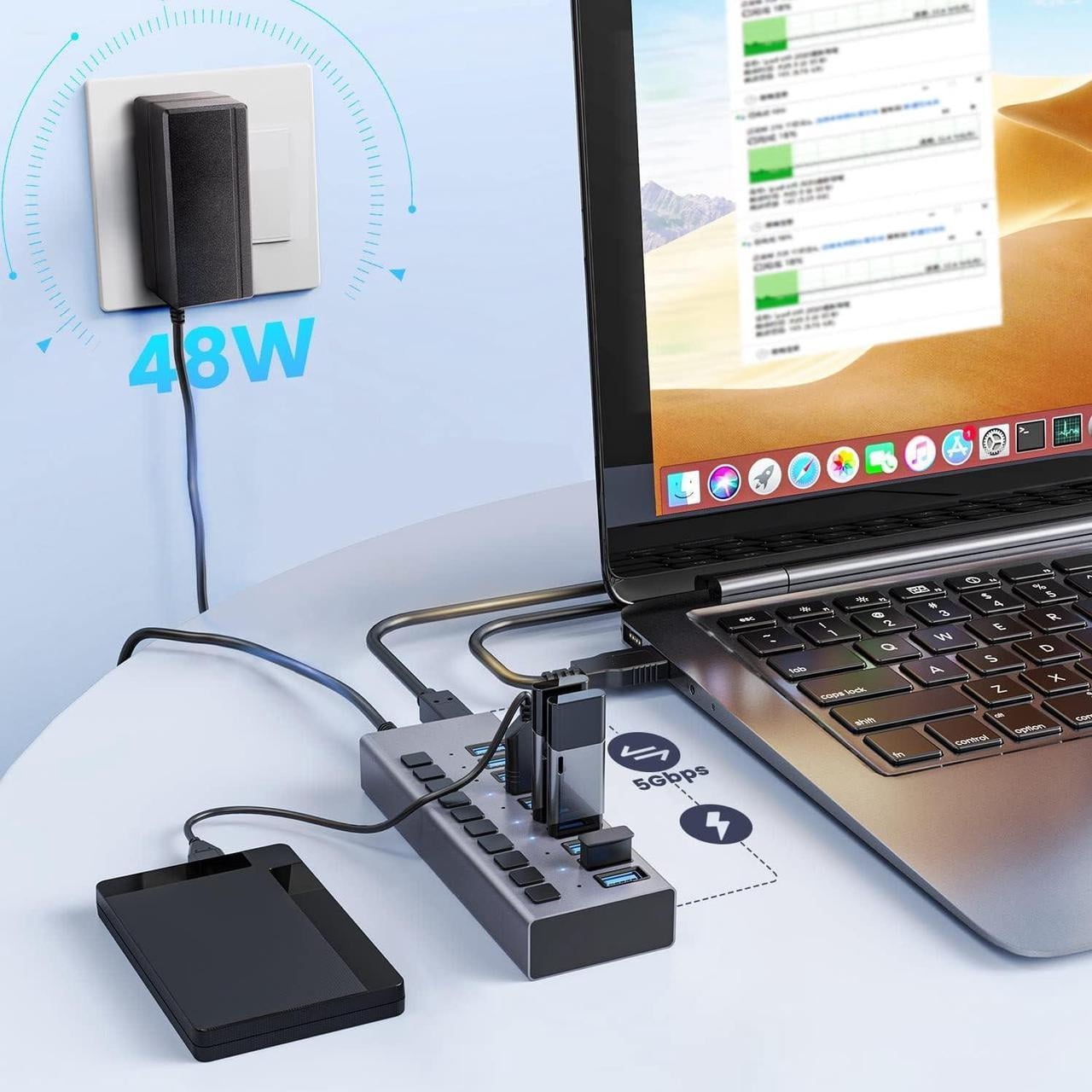 48W Powered USB Hub - 10 Ports USB 3.0 Data Hub - with Individual On/Off Switches and 12V/4A Power Adapter USB Hub 3.0 Splitter for Laptop, PC, Computer, Mobile HDD, Flash Drive