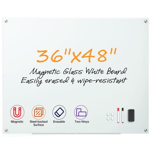 VUSIGN Magnetic Glass Dry Erase Board 36” x 48” Frameless Tempered Glass Whiteboard with Wall Mount Hardware