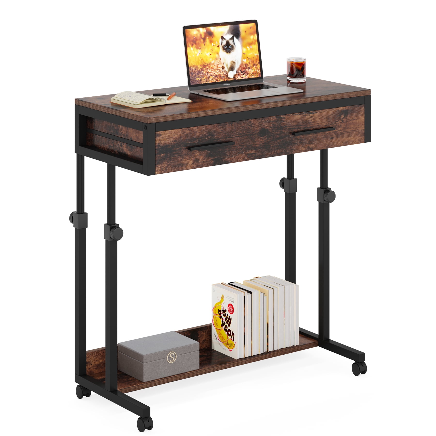 Fnova Mobile Desk with Drawers, Portable Laptop Desk on Wheels, Sofa Side Table, Bed Desk, Small Standing Desk for Home Office