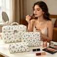 thumbnail image 6 of 3PCS Quilted Floral Makeup Bag Set – Large Travel Cosmetic Pouch, Portable Cotton Toiletry Organizer for Women, Vintage Coquette Skincare Storage, 6 of 6