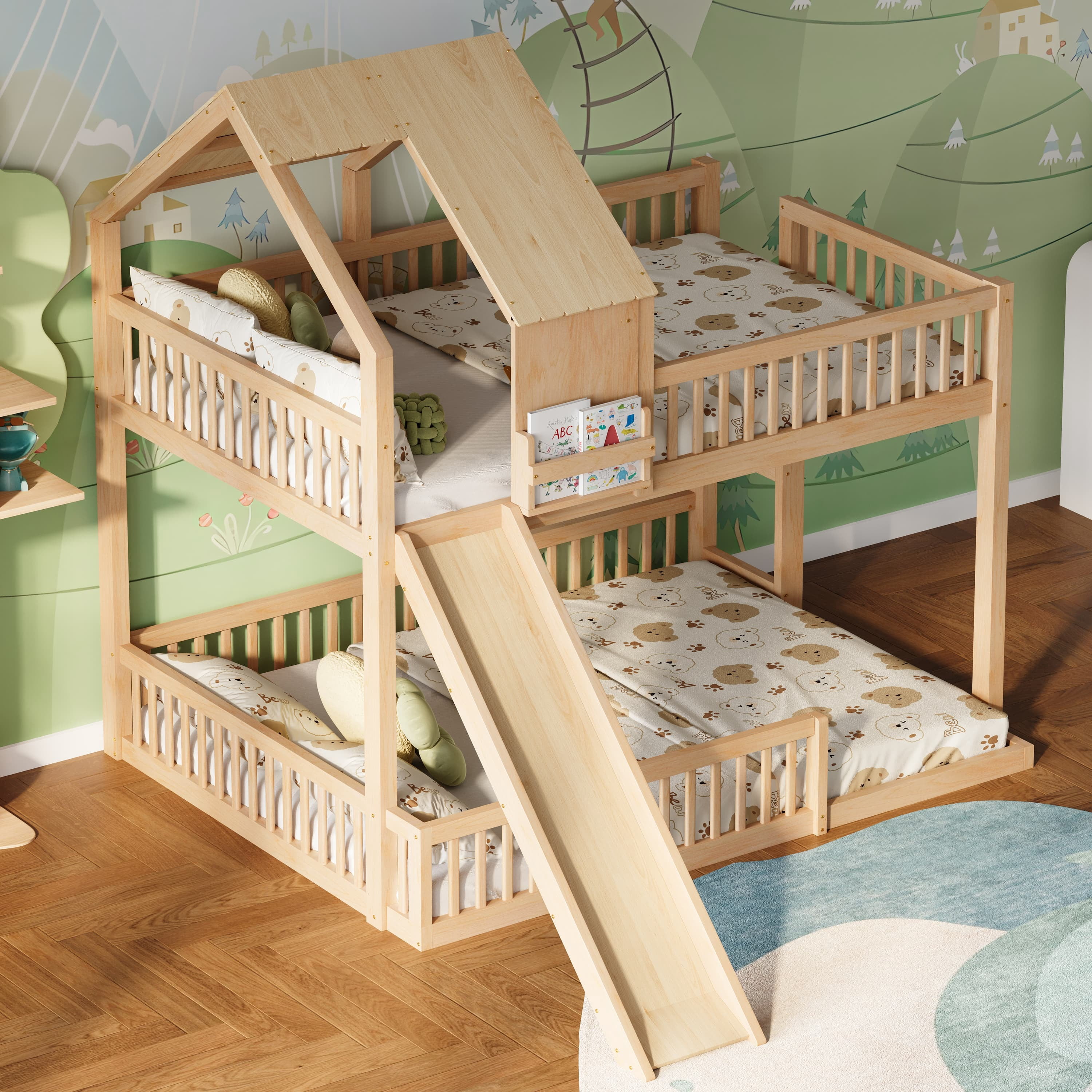 Euroco Wood Full XL over Queen Size Bunk Bed with Slide, Natural