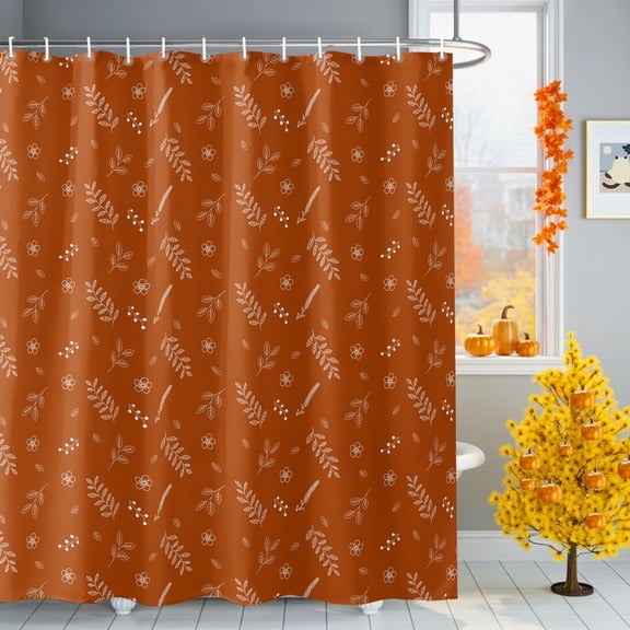 Bathroom Shower Curtain Seamless Flower Leaves on Orange Waterproof Shower Curtains with Hooks 36x72in, Farm Abstract Plant Bath Curtains Bathtub Curtain Home Decor