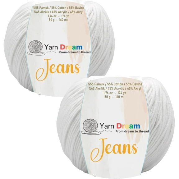 2 Skein 55% Cotton 45% Acrylic 174 yrd Cotton Yarn for Crocheting, Knitting Yarn for Amigurumi, Soft Knitting Yarn, Oeko Tex, Knitting 4-4.5mm / Crochet 2-4,5mm 1.76 Oz White