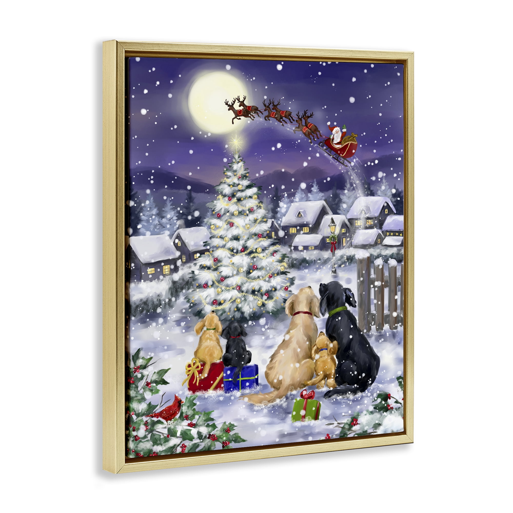 Stupell Industries Santa Over Snowy Dogs Holiday Painting Gold Floater Framed Canvas Art Prints Wall Art, 25 x 31