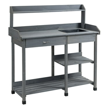 Outsunny Potting Bench Table, Natural Wood, Outdoor Workstation with Drawer, Removable Sink, Storage Shelves and Hooks