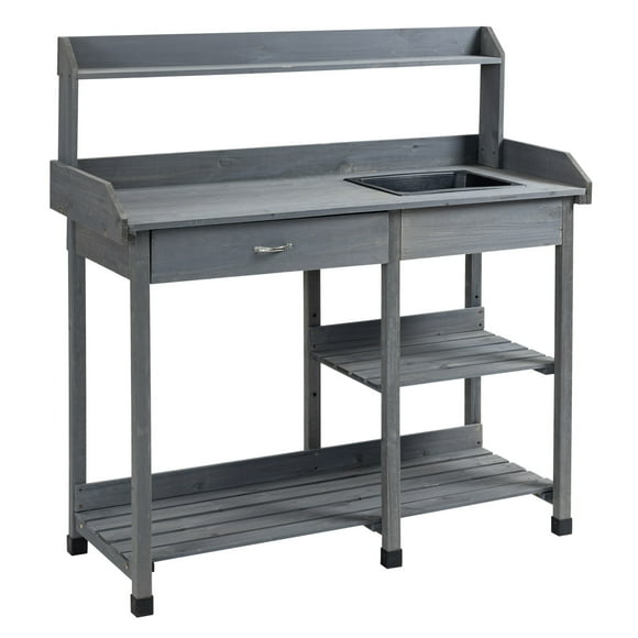 Outsunny Potting Bench Table, Natural Wood, Outdoor Workstation with Drawer, Removable Sink, Storage Shelves and Hooks