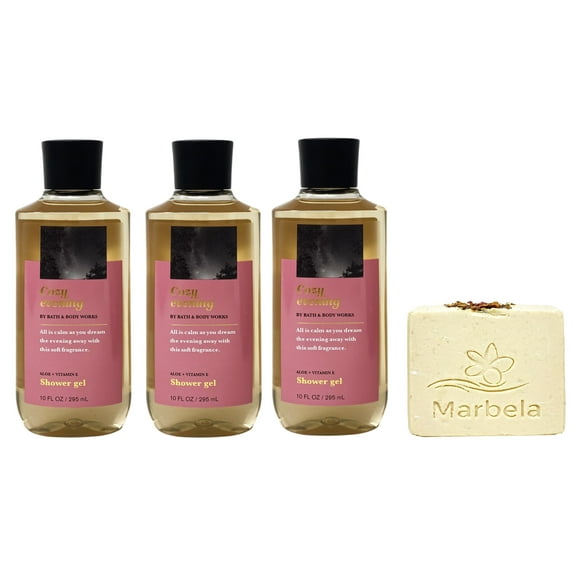 Bath & Body Works Cozy Evening Shower Gel 3 Pack with a Creamy Roses Bar Soap.