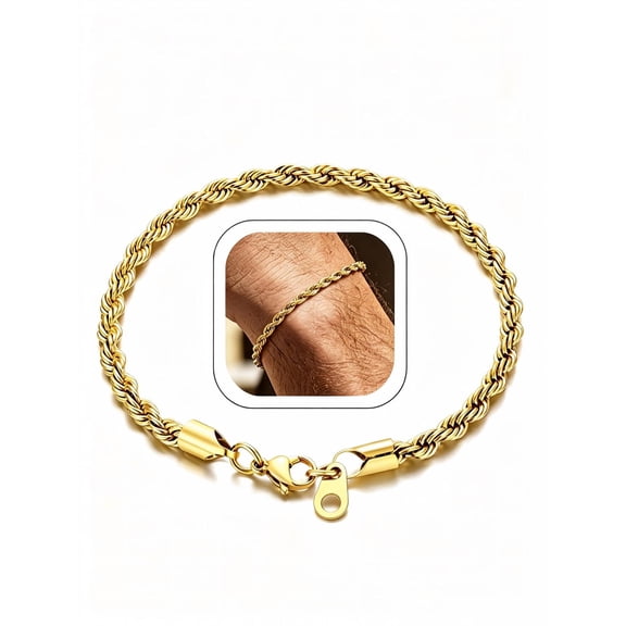 Bandmax Gold Plated Chain Bracelet for Men Women 3mm Stainless Steel Jewelry Twisted Rope Link Bracelet Gift for Mens Son Husband