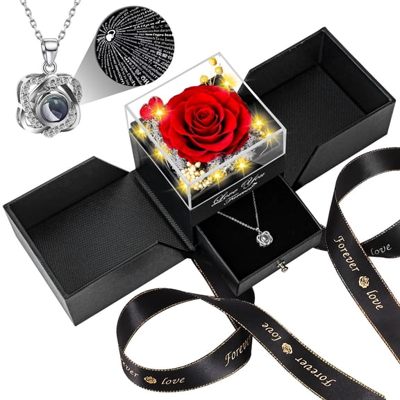 Preserved Red Real Rose with Heart I Love You Necklace -Mothers Day Gifts for Mom Her Wife Girlfriend Grandma on Valentines Mothers Day Christmas Birthday Anniversary Romantic-Red