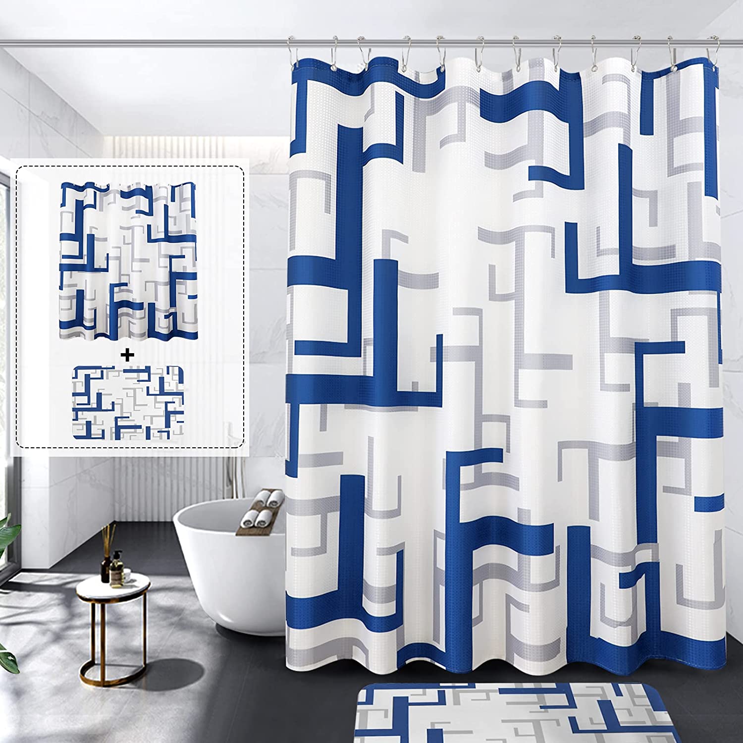 aoselan Shower Curtain Sets with Rugs for Bathroom,Blue Grey White Modern Bathroom Shower