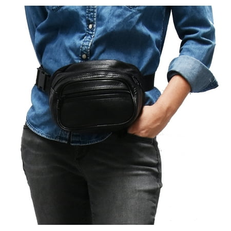 Garrison Grip Concealed Carry 3 Compartment Durable Black Leather Waist Fanny Pack For Small Pistols with Locking Gun