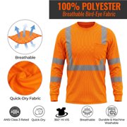 Hi-Vis Safety Shirt Class 3 Reflective, Orange Long Sleeve Work T-Shirt 6-Pack XL