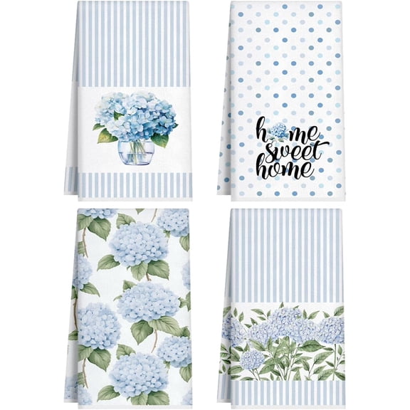 Brythos Blue Hydrangea Kitchen Towel Set of 4, 18x26 Inch Farmhouse Floral Dish and Hand Towels, Spring and Summer Decorative Tea Towels for Kitchen and Bathroom
