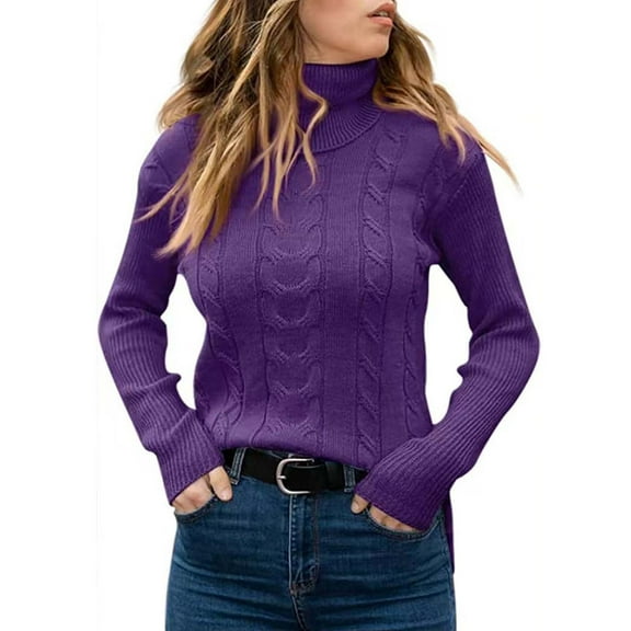 Umfun Pullover Sweaters for Women Solid Turtleneck Long Sleeve Chunky Knit Jumper Tops Loose Casual Ribbed Long Sleeve Jumper Tops Purple XL