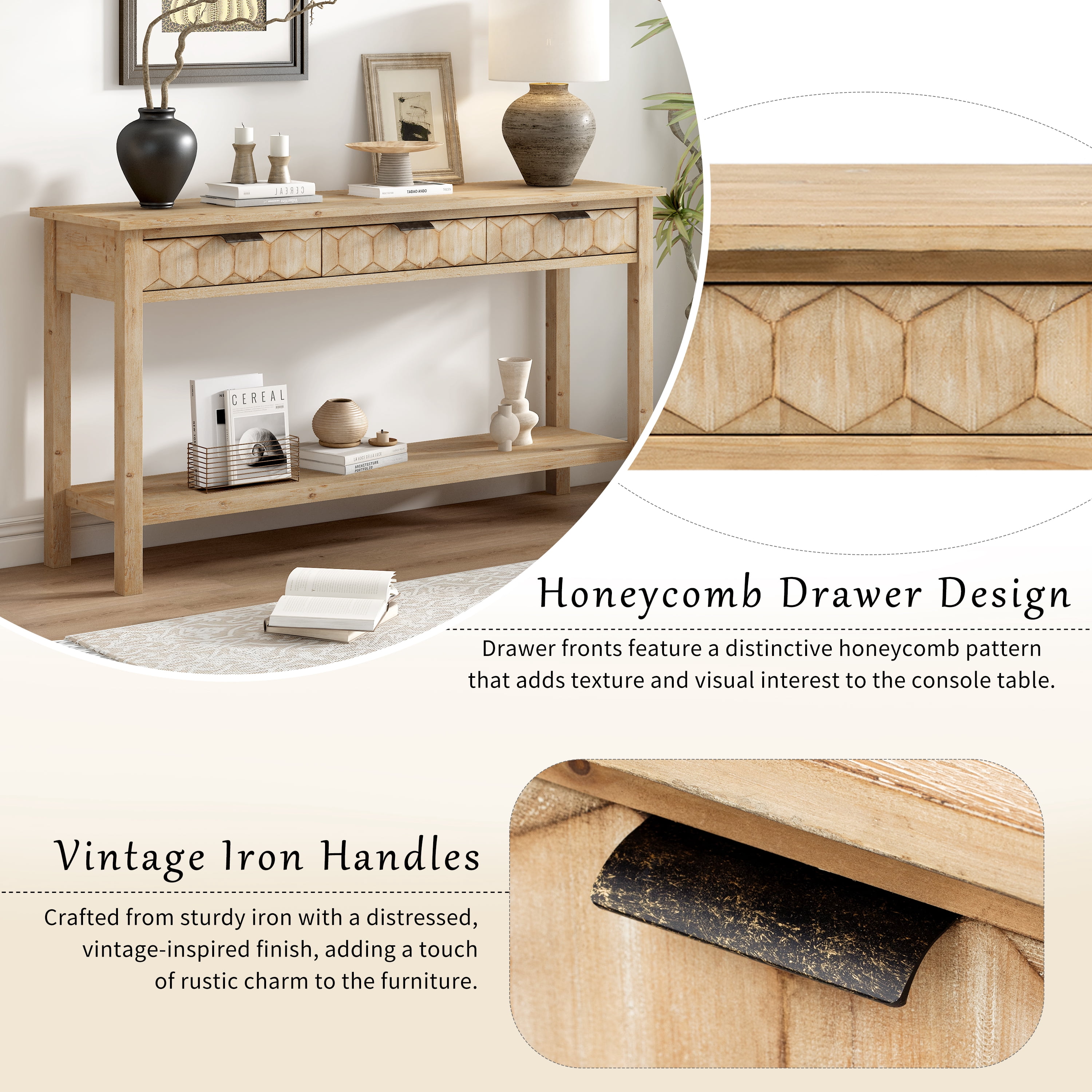 58.3" Fir Veneer Entryway Table with Honeycomb-patterned Fronts,Modern Stylish Console Table with 3 Drawers and Solid Fir legs,Suitable for Living Room,Entryway, Hallway, Study, Foyer