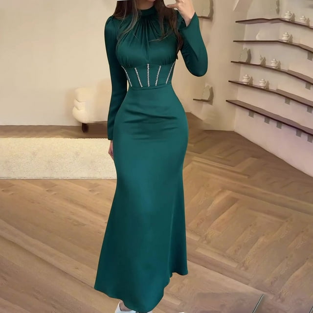 pstuiky Robes d'Été pour Femmes, Robe Longue Plissée à Manches Longues Slim Haute Couture Sociale, Robe de Soirée Élégante pour Femmes, Robe Midi en Solde