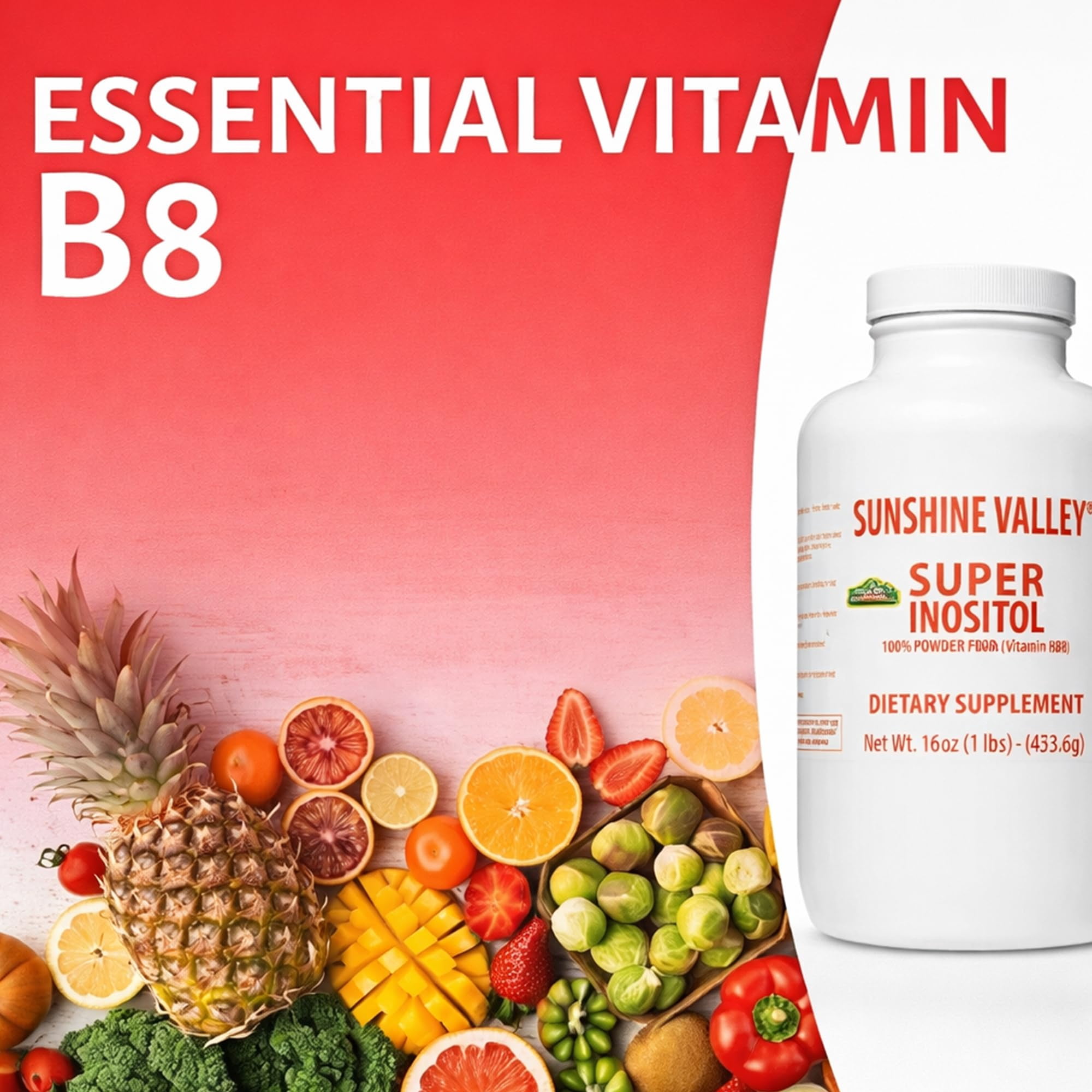 Sunshine Valley Super Inositol Powder, 16 oz, Vitamin B8 Dietary Supplement