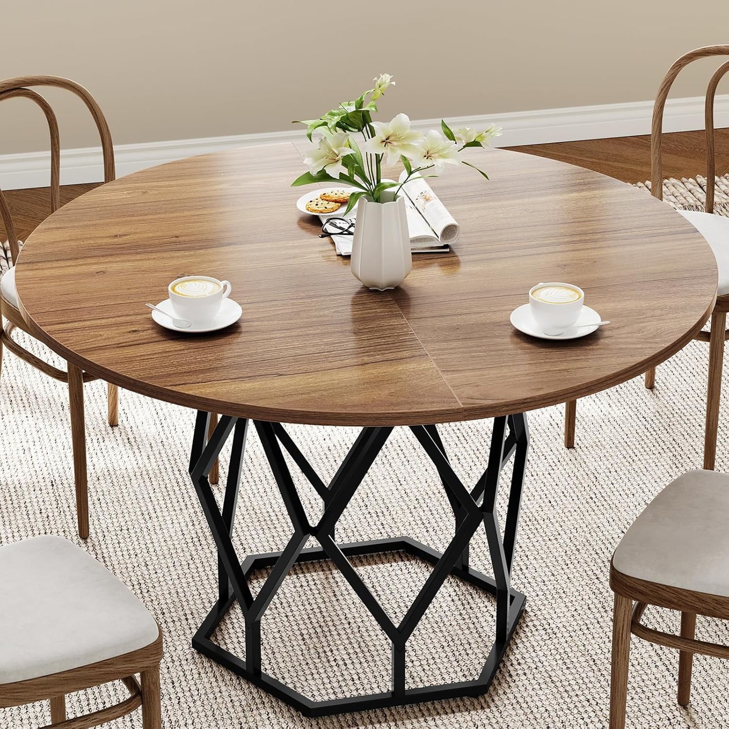 M optimized Round Dining Table for 4-6 People, 47" Farmhouse Kitchen Table, Modern Circle Dinner Table with Sturdy Base, Industrial Wood Dinning Room Table for Kitchen