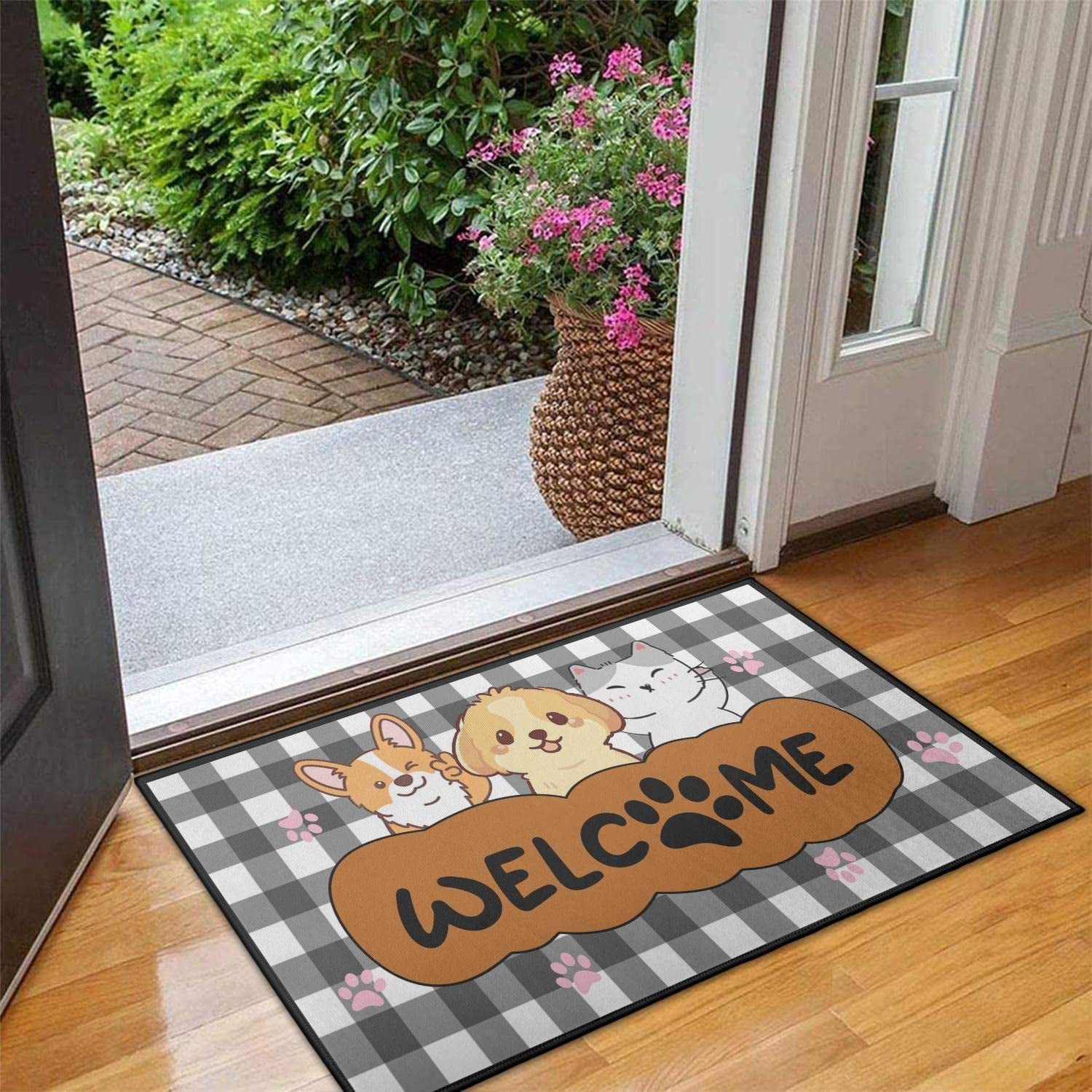 Cat Paws Plaid Doormat Non-Slip Absorbent Resist Dirt Front Door Mat Machine Washable Welcome Mats Outdoor Inside Floor Rugs for Entryway 30" X 17"