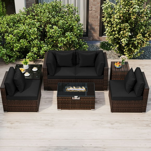 Costway 7 PCS Patio Furniture Set 40,000 BTU Gas Fire Pit Table Propane Tank Cover Table Mix Brown + Black