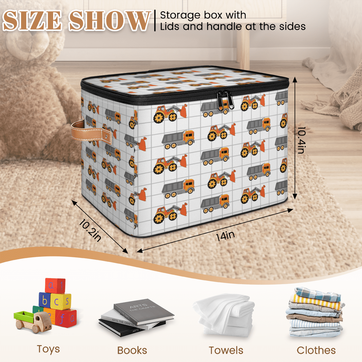 Storage Bins with Zipper Lid,Collapsible Organizer Box for Bedroom Living Room,Toys Clothes Pet Stuff, Construction Vehicle Print 14x10.2x10.4 Inch