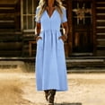 thumbnail image 6 of Xdegoge Linen Vintage Solid Color V Neck Short Sleeve Maxi Dress for Women Button Down Summer Boho Sundress Flowy A Line Long Dress with Pockets Casual Daily Vacation Wear, 6 of 7