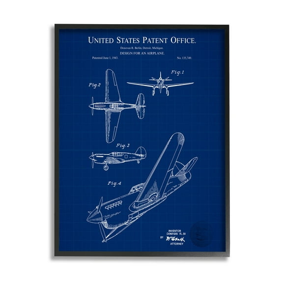 Stupell Industries Vivid Aircraft Blueprint Patent Graphic Art Black Framed Art Print Wall Art, Design by Karl Hronek