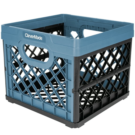 CleverMade Plastic Collapsible Milk Crate, Adult Folding Storage Bin, 6.6 gal Slate Blue