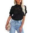 thumbnail image 1 of Asyoly Womens Lace Tops Casual Crochet Puff Short Sleeve Mock Neck Blouses Solid Color Shirts with Separable Cami, 1 of 7